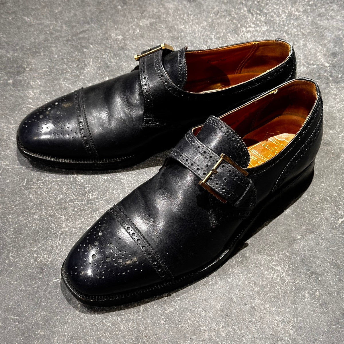 希少【Poulsen Skone】ポールセーンスコーン ダブルモンク クロケット＆ジョーンズ製 70年代想定 カーフ ネイビー サイズUK8E