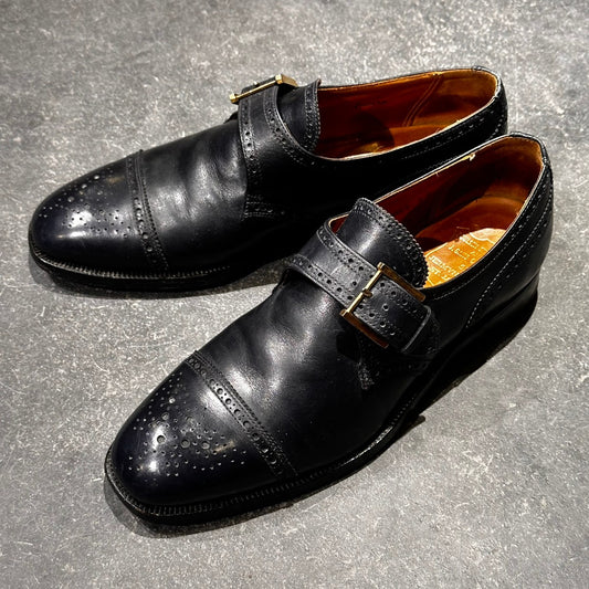 希少【Poulsen Skone】ポールセーンスコーン ダブルモンク クロケット＆ジョーンズ製 70年代想定 カーフ ネイビー サイズUK8E