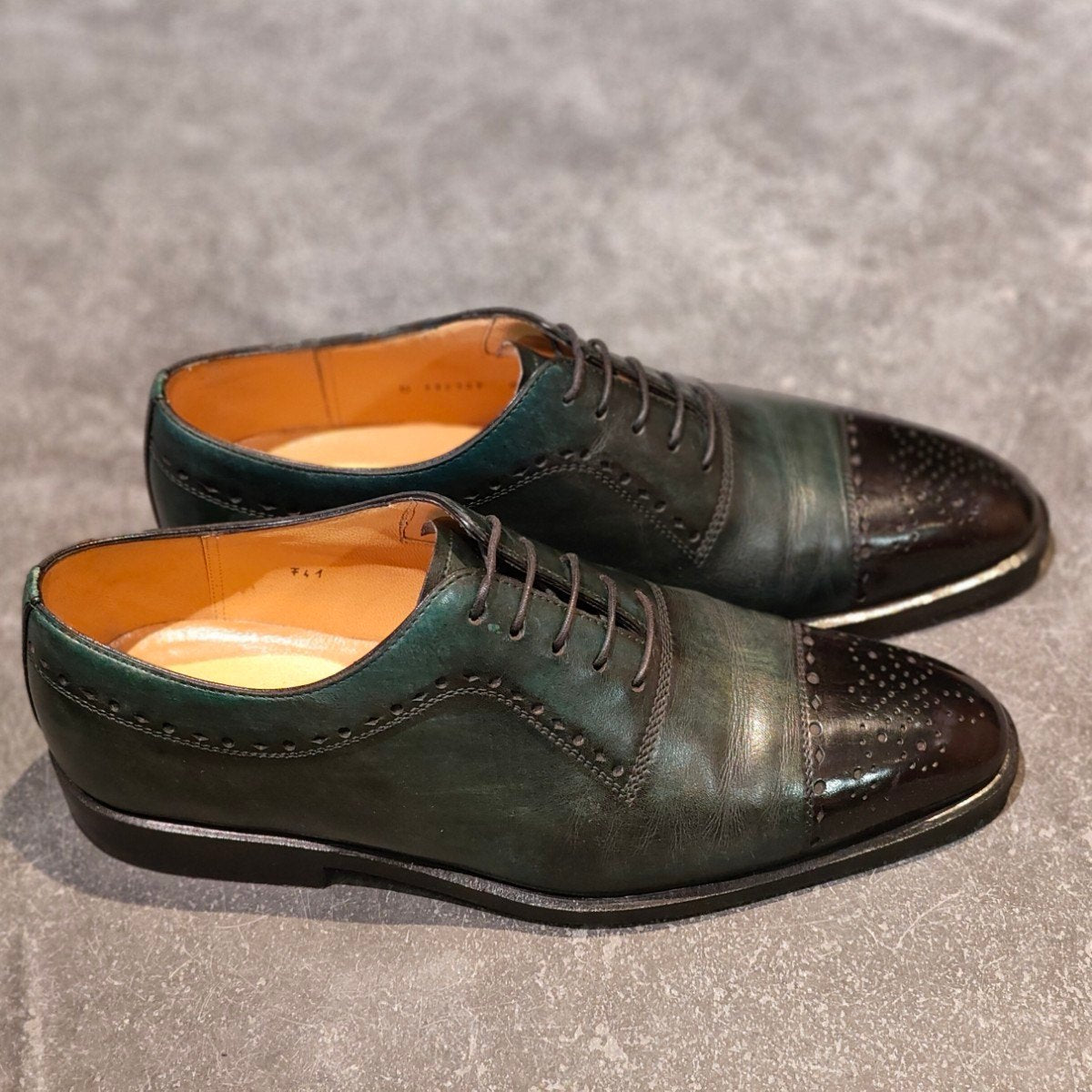 希少 美品 【TANINO CRISCI】タニノクリスチー セミブローグ カーフ グリーンブラックコンビ サイズ UK6