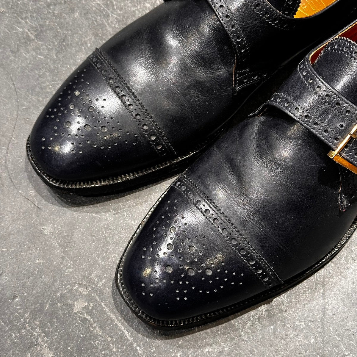 希少【Poulsen Skone】ポールセーンスコーン ダブルモンク クロケット＆ジョーンズ製 70年代想定 カーフ ネイビー サイズUK8E