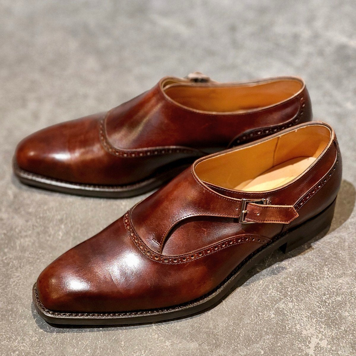 使用数回【SANYO YAMACHO】三陽山長 帯之介 パターンメイドカスタマイズ シングルモンク ミュージアムカーフ ブラウン サイズ25.5相当