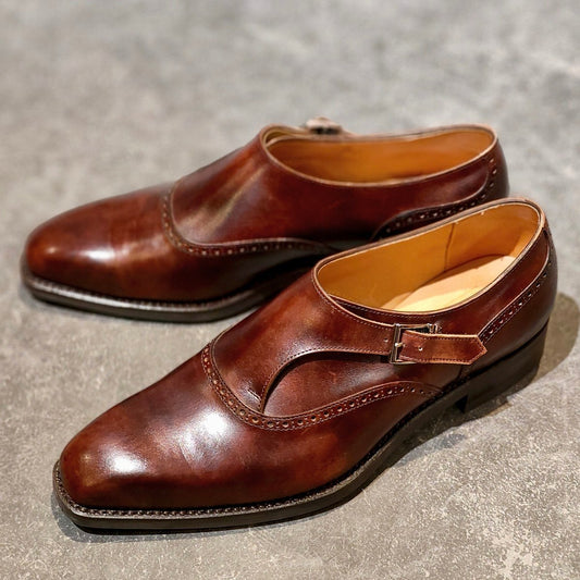 使用数回【SANYO YAMACHO】三陽山長 帯之介 パターンメイドカスタマイズ シングルモンク ミュージアムカーフ ブラウン サイズ25.5相当