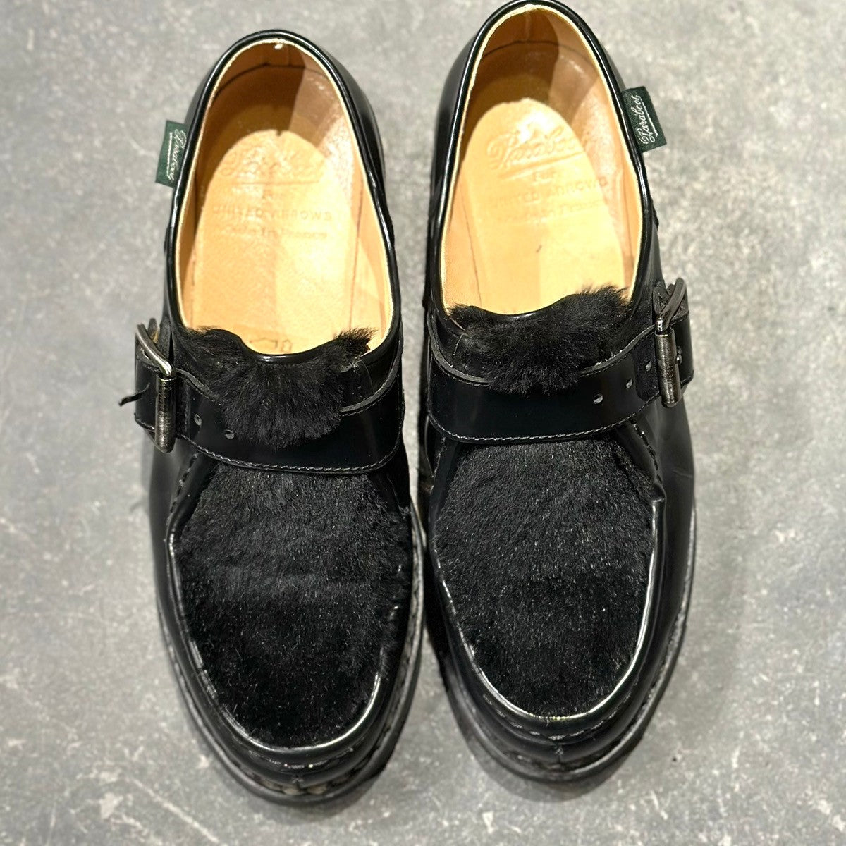 【Paraboot】パラブーツ ミカエルブリッド チロリアン シングルモンク ラビットファー ガラスレザー ブラック レディース サイズUK3.5