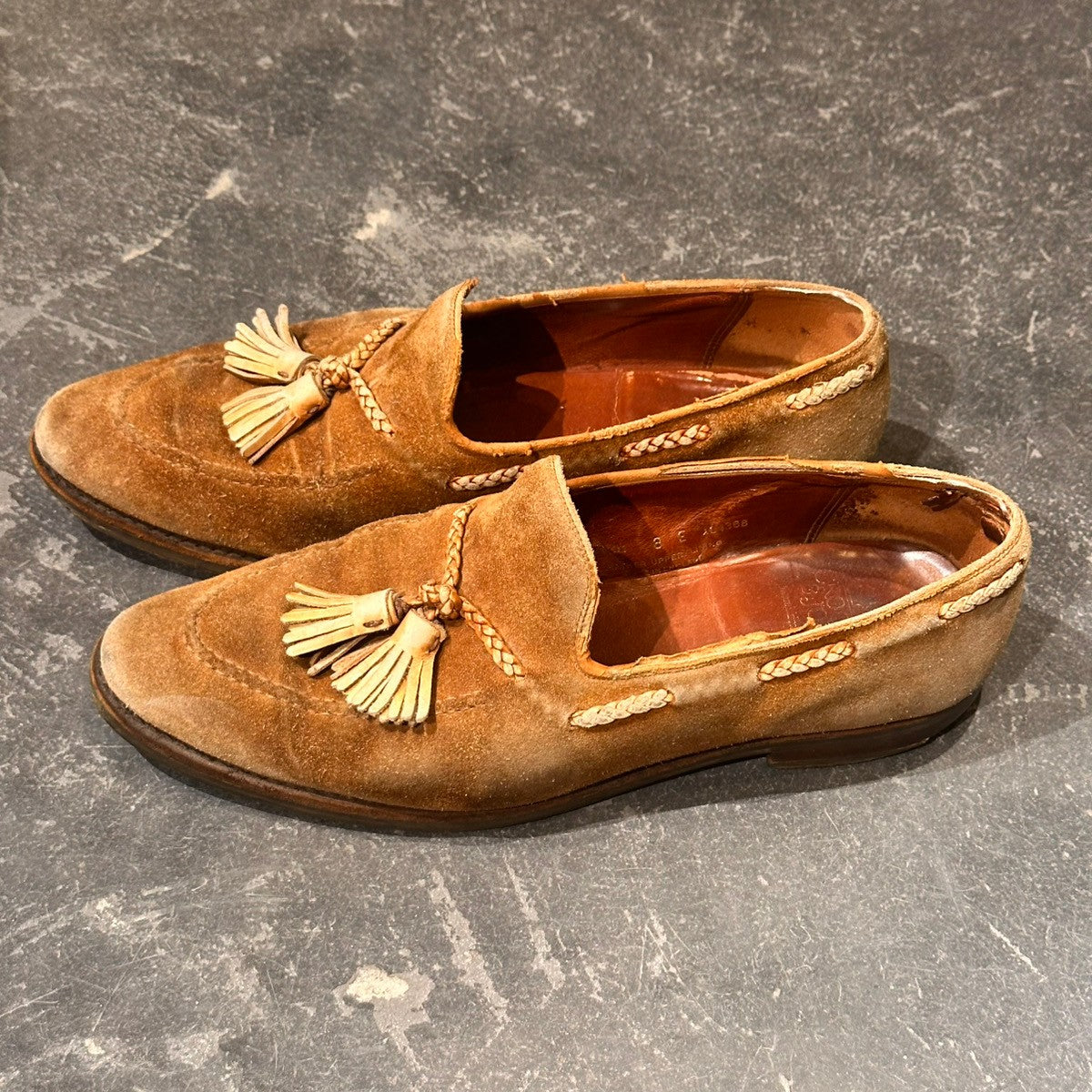 【CROCKETT&JONES】クロケット＆ジョーンズ モデル名不明 タッセルローファー 編み込み スエード ブラウン サイズUK8E