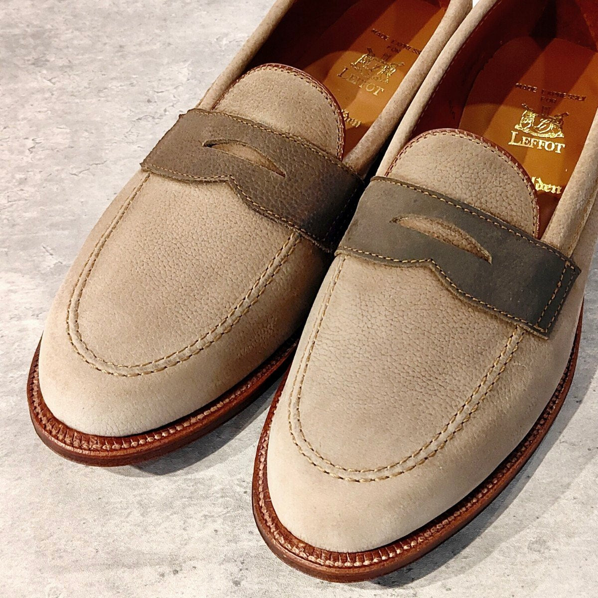 希少 未使用【ALDEN】オールデン LEFFOT別注 67344F ペニーローファー クレイヌバック ベージュ系 サイズUS11D バンラスト