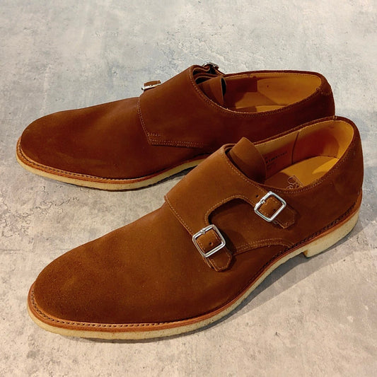 希少 使用数回【CROCKETT&JONES】クロケット＆ジョーンズ フロア3 ダブルモンク アンラインド  スナッフスエード ブラウン サイズUK8.5E  377ラスト
