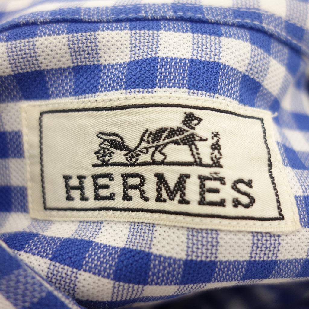 【HERMES】エルメス ギンガムチェックレギュラーカラーシャツ フランス製 セリエボタン ブルー サイズ 40