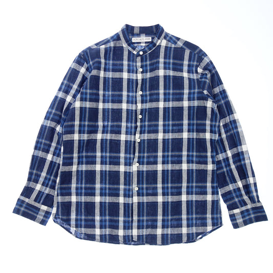 【INDIVIDUALIZED SHIRTS】インディビジュアライズドシャツ バンドカラーシャツ アメリカ製 コットン×リネン メンズ ネイビー サイズL程度
