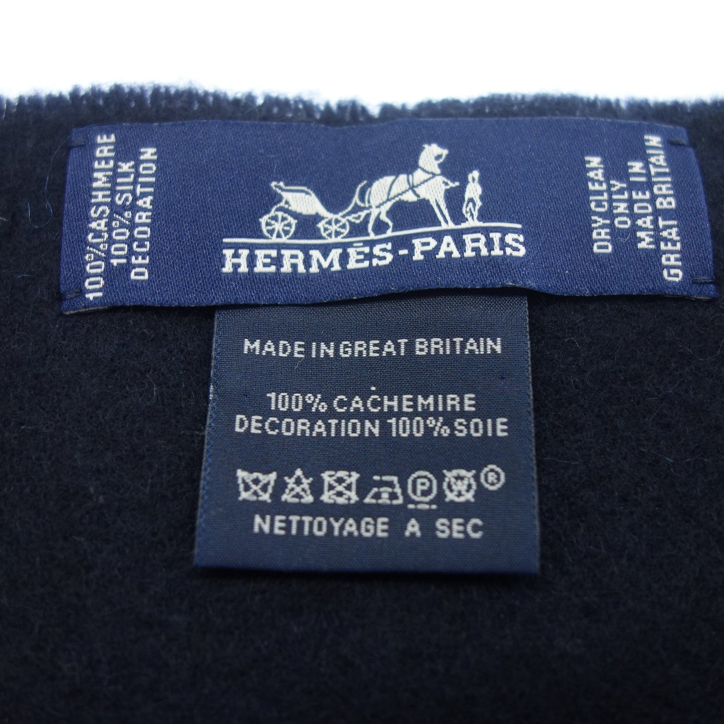 【HERMES】エルメス プリントシルクパッチ カシミヤマフラー ネイビー