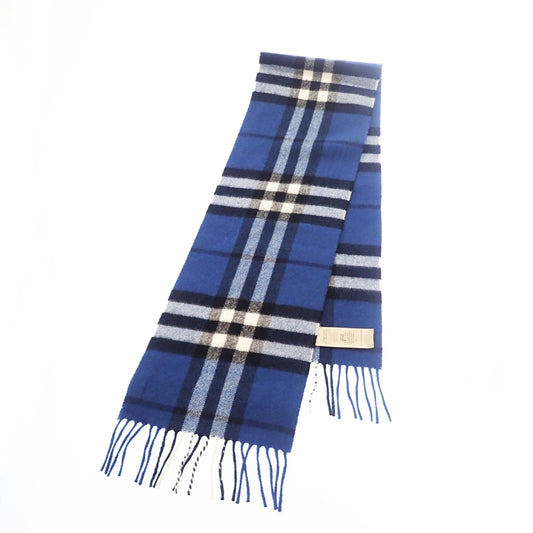【BURBERRY】バーバリー ピュアカシミヤチェックマフラー スコットランド製 ブルー×ネイビー made in Scotland